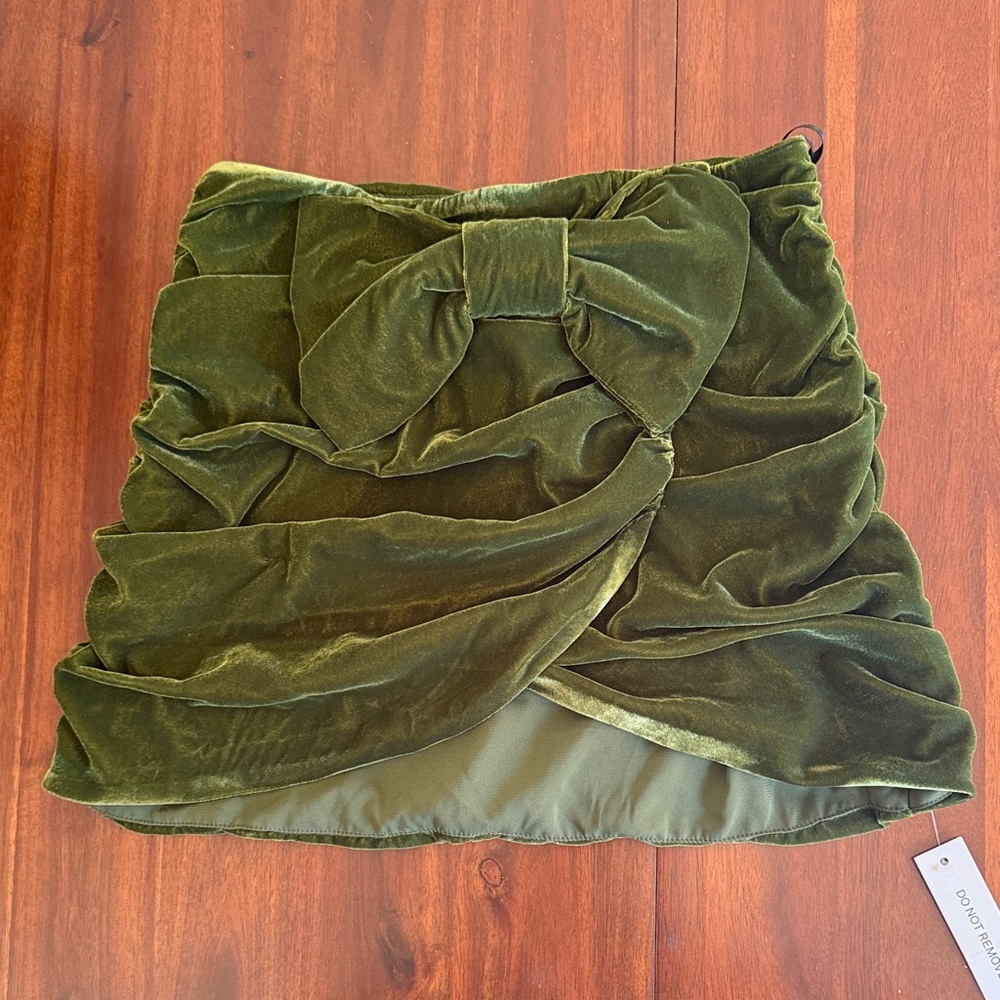 For Love & Lemons Olive Velvet Bow Mini Skirt